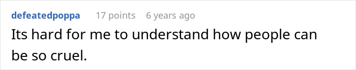 User comment in black text on white background expressing difficulty understanding cruelty in in-laws making fun of woman during Thanksgiving dinner. User comment in black text on white background expressing difficulty understanding cruelty in in-laws making fun of woman during Thanksgiving dinner.