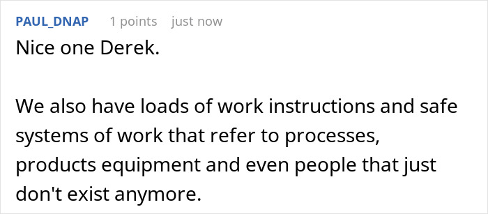 Screenshot of a comment discussing strict work instructions and processes causing office shutdown by the book regrets.