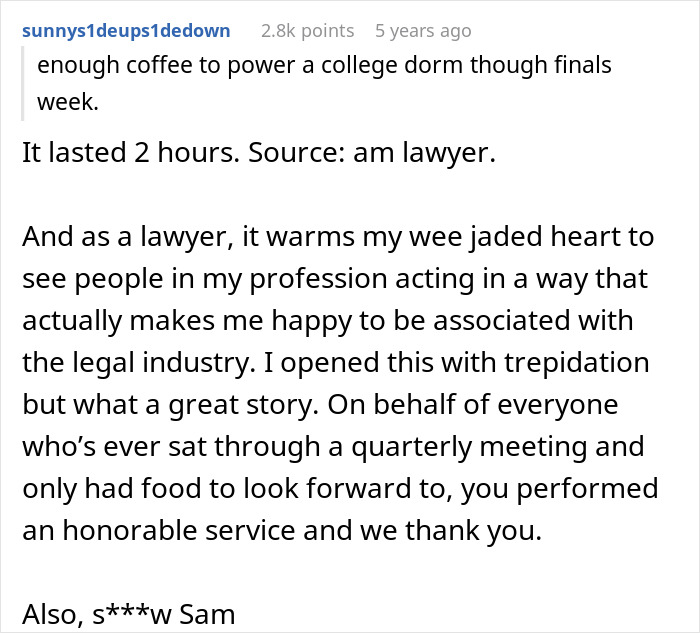 Screenshot of a Reddit comment by a lawyer praising a story about lawyers and corporate comedy involving bagel delivery.