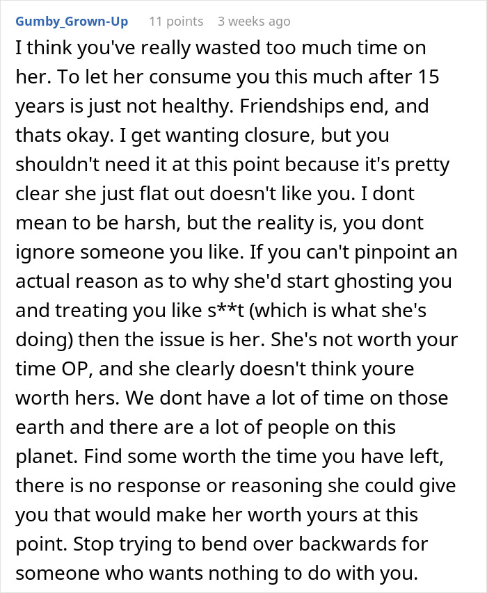 Forum post advising not to waste time on a best friend no contact returns situation, emphasizing self-worth and moving on.