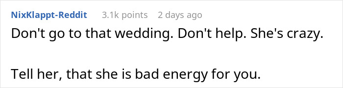 Reddit comment criticizing the spiritual bride for her decision causing chaos and shock before the wedding.