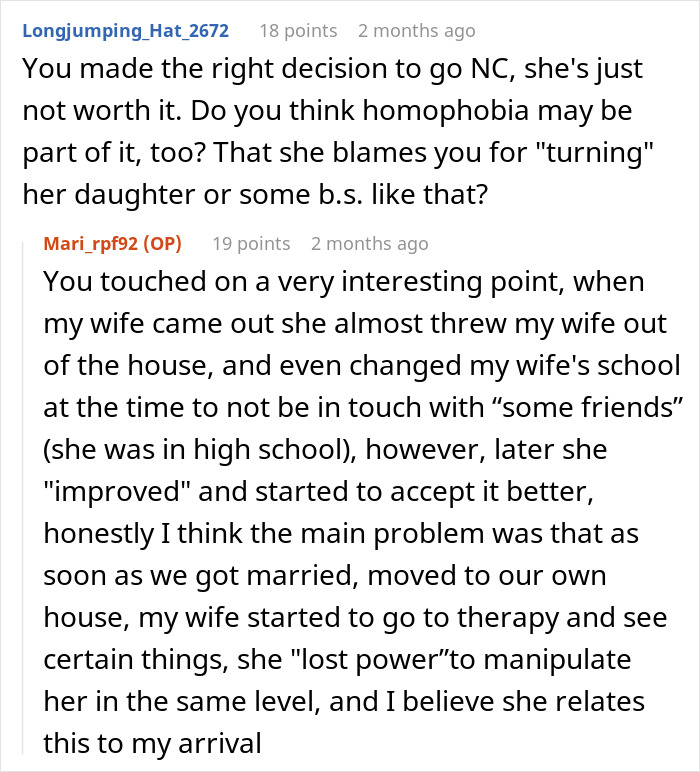 Reddit comments discussing MIL playing the victim while family cuts contact with gay couple over acceptance issues.