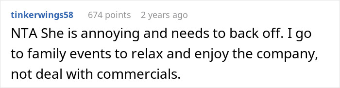 Comment from user tinkerwings58 expressing frustration with Etsy artist's self-promotion during family events and impact on hubby. Comment from user tinkerwings58 expressing frustration with Etsy artist's self-promotion during family events and impact on hubby.