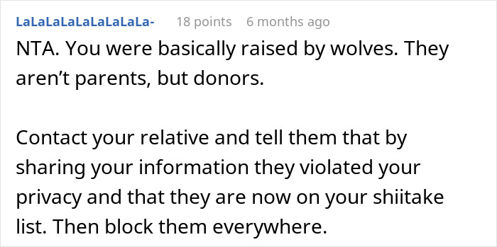 Comment on a forum discussing estranged parents expecting to meet grandkids after 20 years, with son refusing and blocking them.