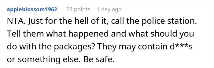 Comment urging to call police about packages sent to wrong address, discussing company&rsquo;s handling of the issue and safety concerns.