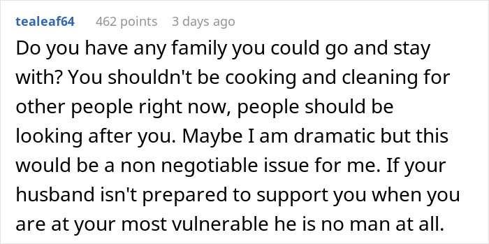 Comment emphasizing the importance of husband respect and support for a pregnant woman during her vulnerable time.