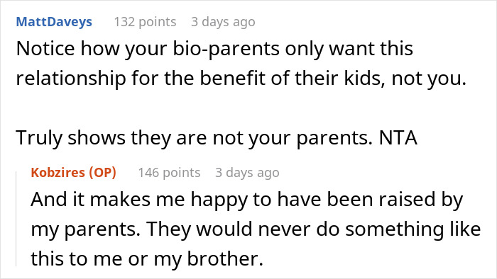 Reddit conversation discussing parents wanting their abandoned son to play happy family with siblings after 17 years.