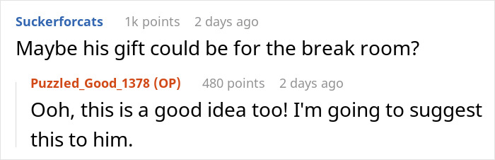 Screenshot of an online discussion about Secret Santa organizer not allowing a coworker to participate without receiving a gift.