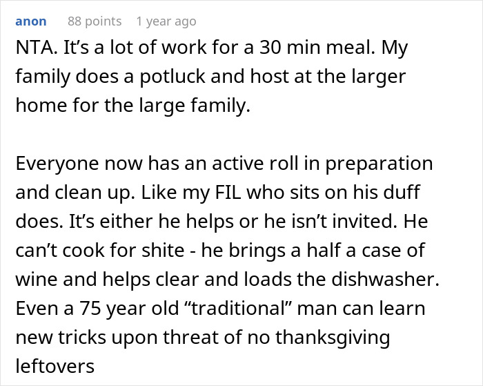 Comment discussing the challenges of hosting a traditional family Thanksgiving and sharing household roles.