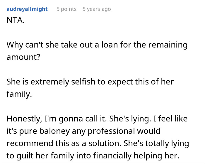 Comment discussing fairness of sister&rsquo;s $4k plastic surgery request amid body dysmorphia concerns.