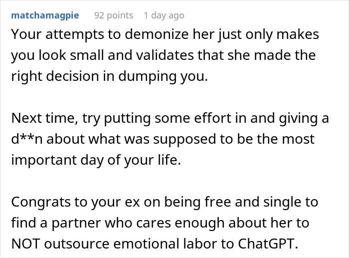 Comment criticizing outsourcing wedding vows to ChatGPT, highlighting emotional labor and AI use issues.