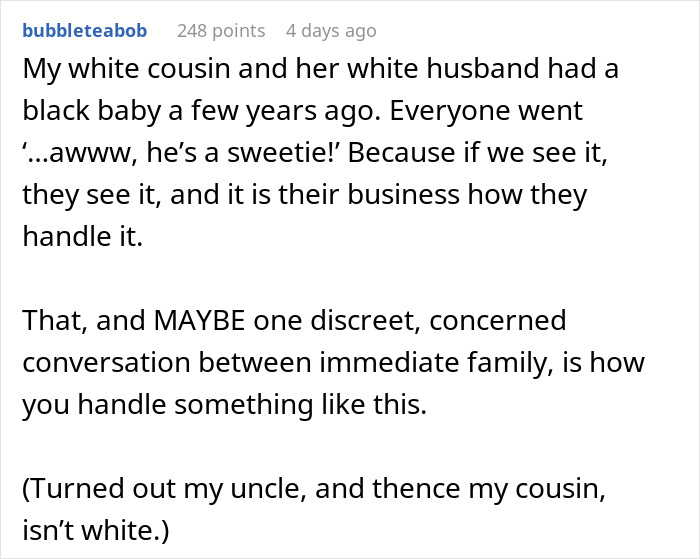 Text post discussing family reactions and handling of a baby&rsquo;s skin color variation, referencing DNA test demands.