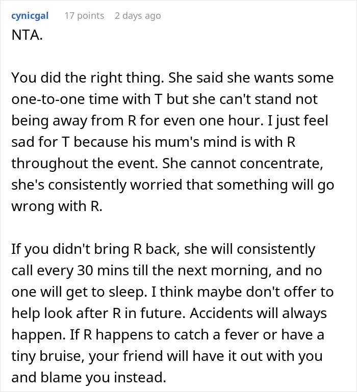 Screenshot of a forum comment discussing a friend agreeing to babysit overnight while mom panic calls every 30 minutes.