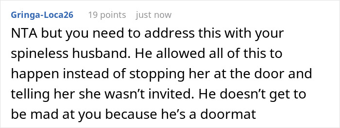 Reddit comment addressing MIL hogging Thanksgiving food and the husband being a doormat in the family conflict. Reddit comment addressing MIL hogging Thanksgiving food and the husband being a doormat in the family conflict.