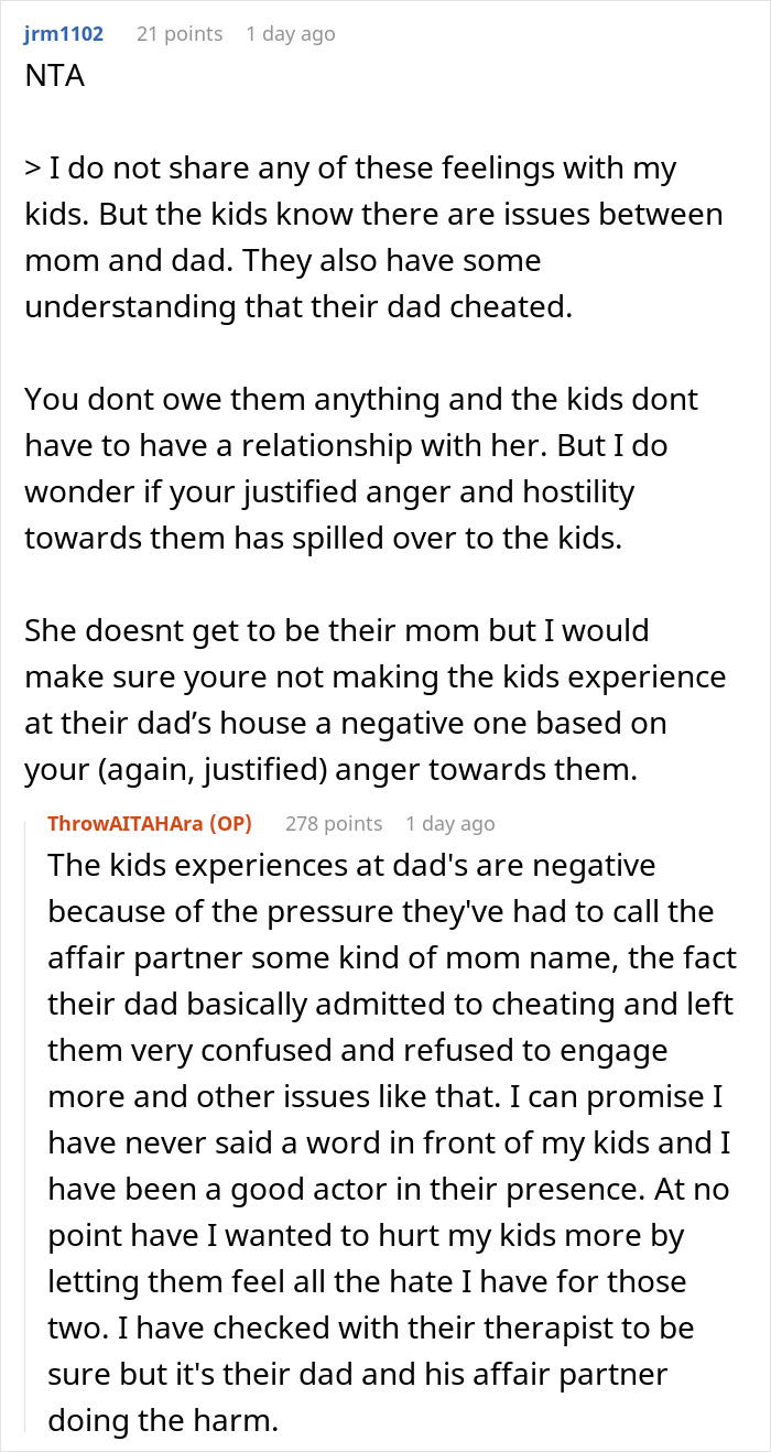 Screenshot of a Reddit discussion about a cheating husband and family issues involving his mistress and ex-wife. Screenshot of a Reddit discussion about a cheating husband and family issues involving his mistress and ex-wife.