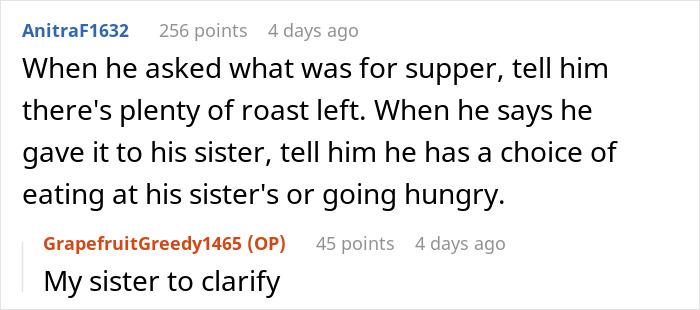 Screenshot of a forum conversation where a husband gives away $50 cooked roasts his wife spent hours preparing, causing shock. Screenshot of a forum conversation where a husband gives away $50 cooked roasts his wife spent hours preparing, causing shock.