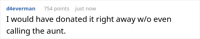 Screenshot of a social media comment mentioning an aunt in a conversation about donating items related to baby crib storage.