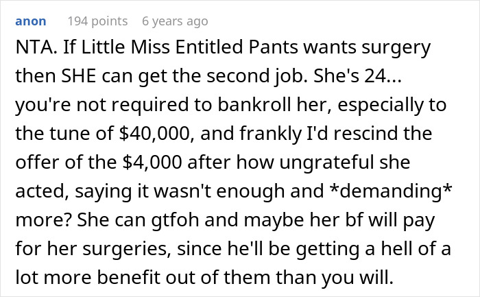 Comment discussing a daughter demanding money for surgeries and not wanting to get a second job to pay her own way.