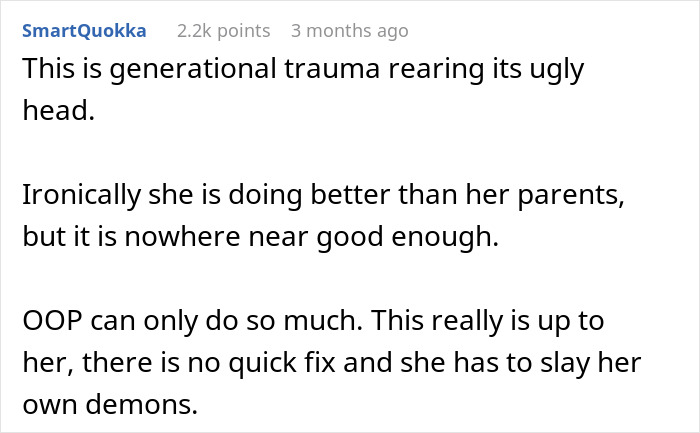 Comment discussing generational trauma and challenges of a wife prioritizing work over family and feeling like a single parent.