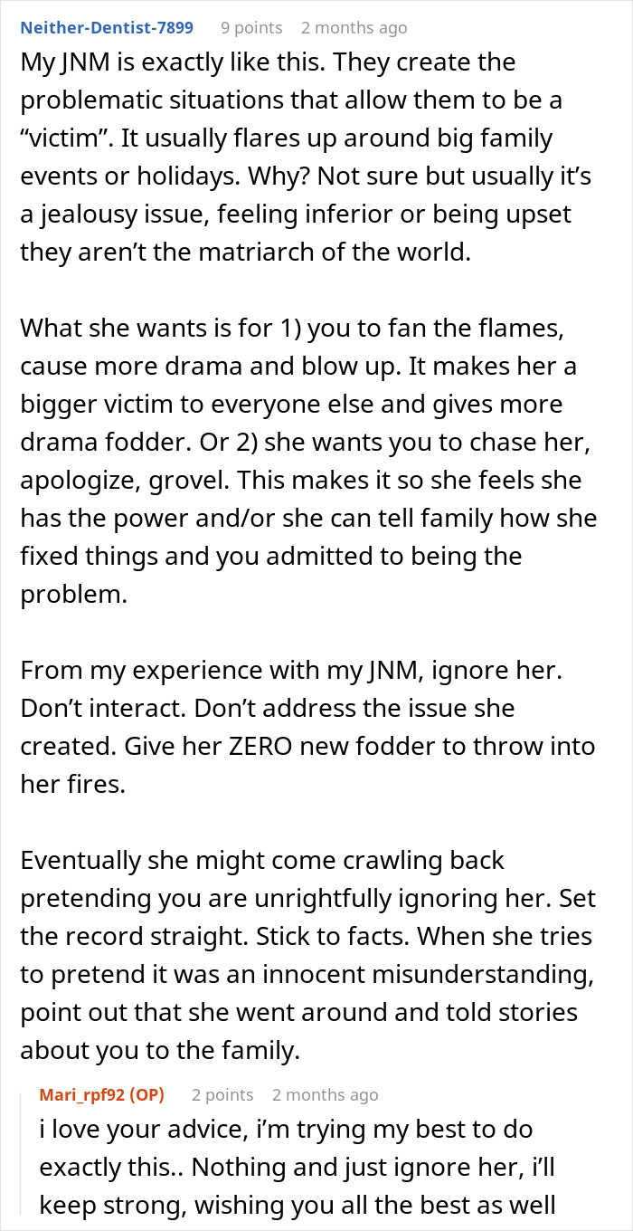 Screenshot of a discussion about a MIL playing the victim while family cuts contact with a gay couple, sharing advice on handling drama.