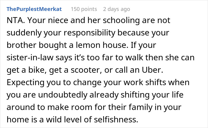 Text comment discussing a woman refusing to take her niece to school, causing a family-wide meltdown with her sister-in-law.