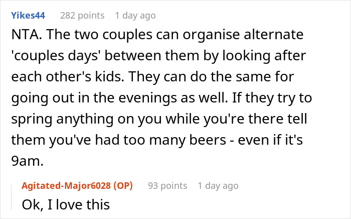 Reddit user comments debating babysitting on vacation and labeled selfish for choosing to have a life instead.