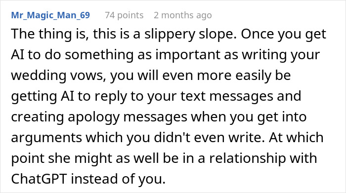 Reddit comment warns about risks of using AI like ChatGPT for writing wedding vows and personal messages in relationships.