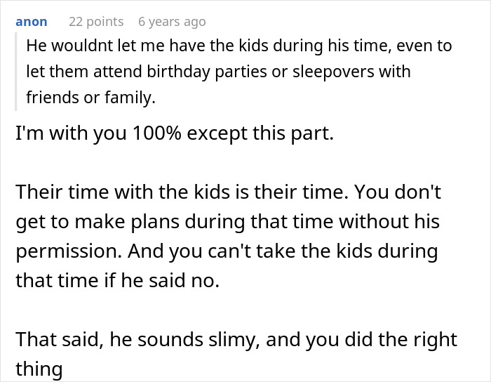 Screenshot of a comment discussing a woman dealing with a toxic ex and his constant threats in a custody situation.