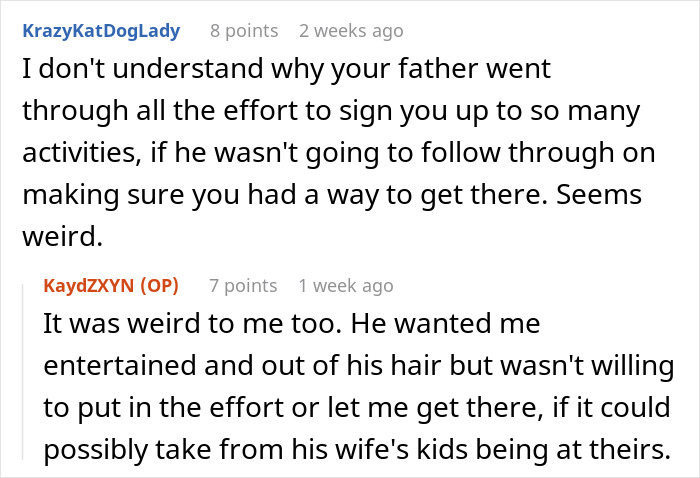 Reddit conversation showing a teen giving father a reality check about his effort on activities and support.