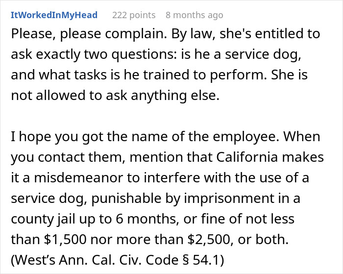 Comment explaining legal limits on Disneyland security questions about service dogs for disabled guests in California.