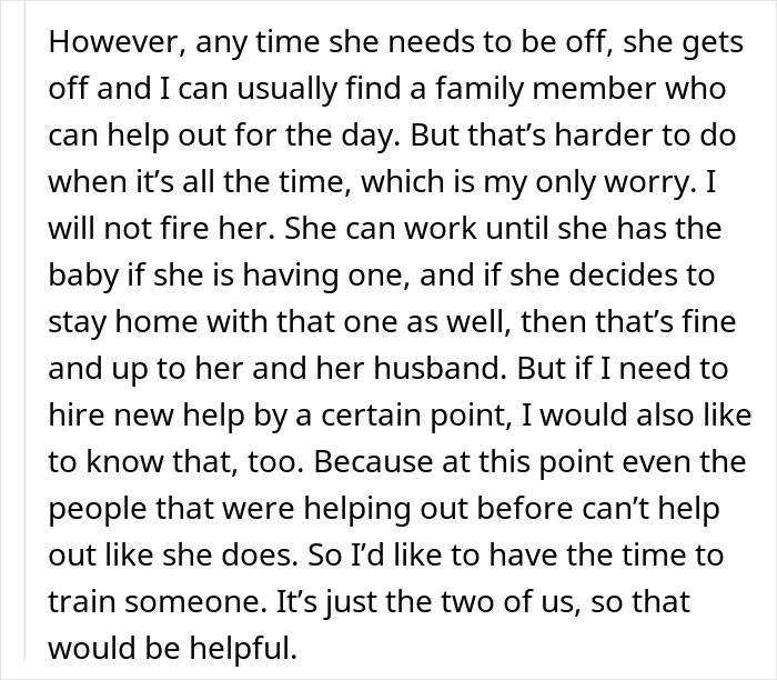 Excerpt from a discussion about a boss wondering if he should ask employee if she&rsquo;s pregnant in a right to fire state.