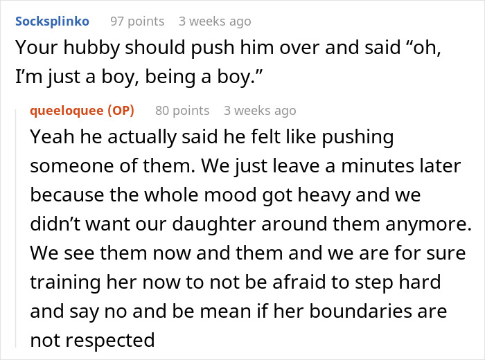 Screenshot of an online discussion about a mom refusing to discipline her son for bullying, blaming his gender instead.