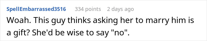 Comment highlighting a man who thinks his marriage proposal counts as a Christmas gift, and the woman considering saying no.