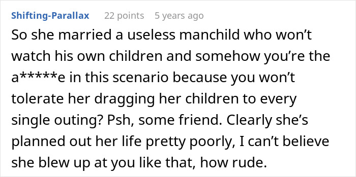 Comment text discussing a friend not understanding why clingy children can't be brought on vacation, highlighting frustration.