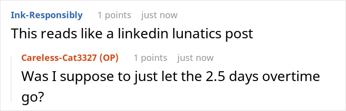 Chat conversation showing a manager letting employee take time off and reacting with disbelief when the employee actually uses it.