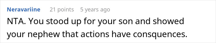 Comment text on a white background where a user supports a woman who took back her nephew&rsquo;s Christmas gift to show consequences.