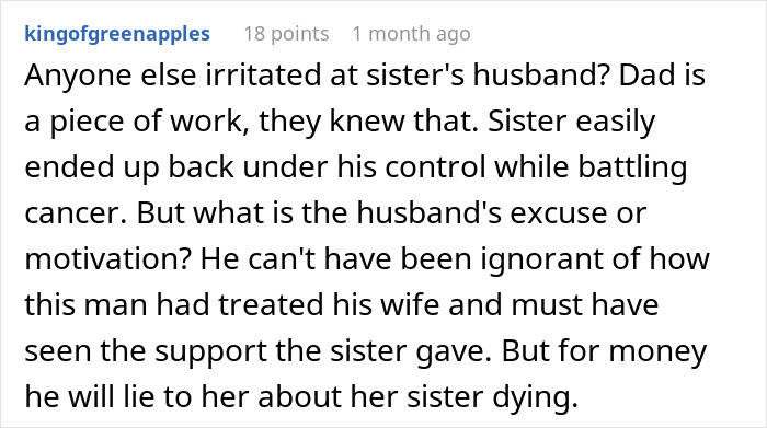 Text post discussing a half-sister lying for dad's support with medical bills, shocking a woman years later.