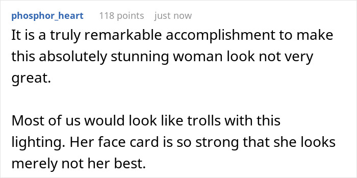 User comment on Meghan Markle's makeup-free cover photo, discussing lighting and appearance about to sneeze moment.