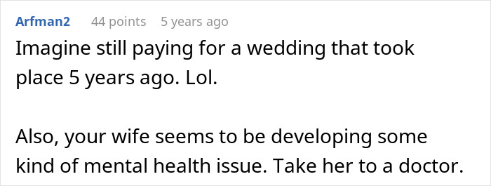 Comment discussing husband bewildered at wife seemingly forgetting their wedding, mentioning mental health concerns.