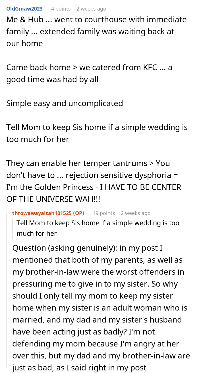 Reddit discussion about a guy rejecting his sister&rsquo;s idea for a big wedding causing family conflict with rejection sensitive dysphoria.