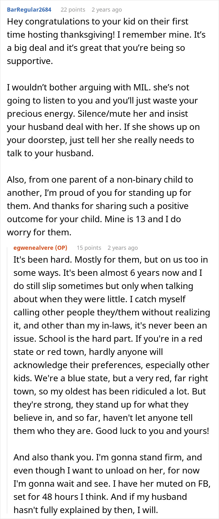 Comment thread about woman defending kid&rsquo;s non-binary identity while MIL disagrees during Thanksgiving family conflict.