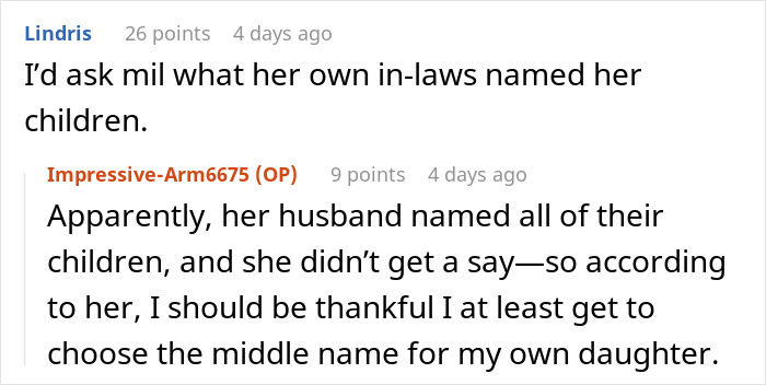 Screenshot of an online discussion where a MIL demands the baby&rsquo;s name honor her culture while the new mom asserts her own heritage.