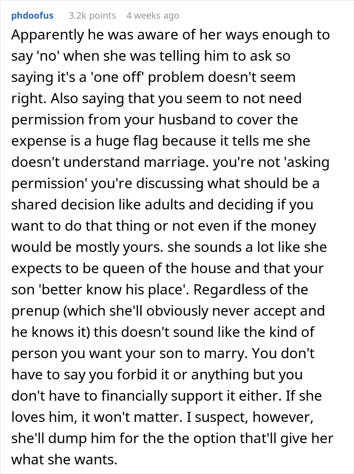 Commenter discussing future daughter-in-law demanding an $80,000 wedding and wealthy in-laws requesting a prenup in return.