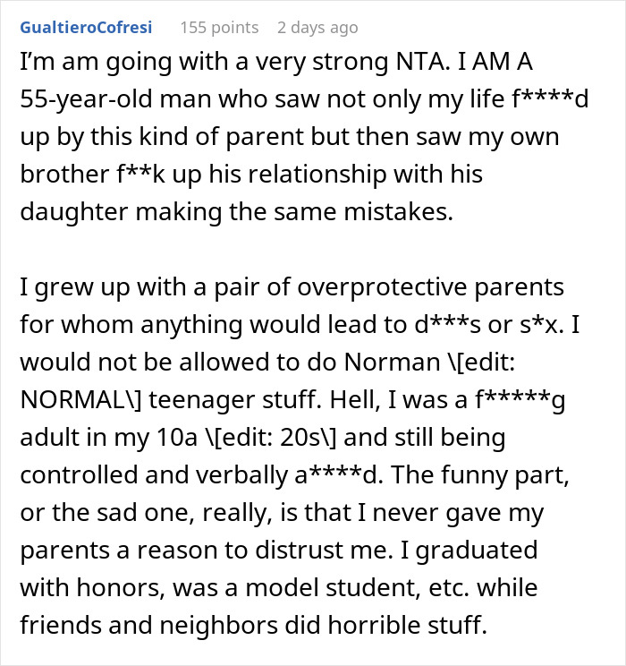 Screenshot of a Reddit comment discussing a man’s reaction to his teen daughter’s relationship and parental control issues. Screenshot of a Reddit comment discussing a man’s reaction to his teen daughter’s relationship and parental control issues.