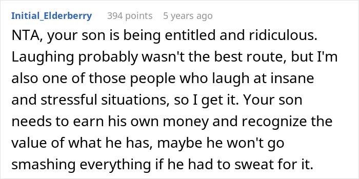 Screenshot of a forum comment discussing a teen being entitled after breaking a new chair and asking to replace it.