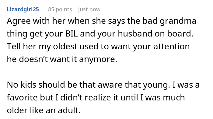 Screenshot of online comment discussing MIL admitting to having a favorite grandchild, causing family tension and snubs noticed by kids.