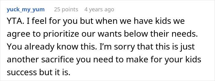 Reddit comment expressing support but emphasizing choosing nose job over kids college funds means prioritizing wants below their needs.