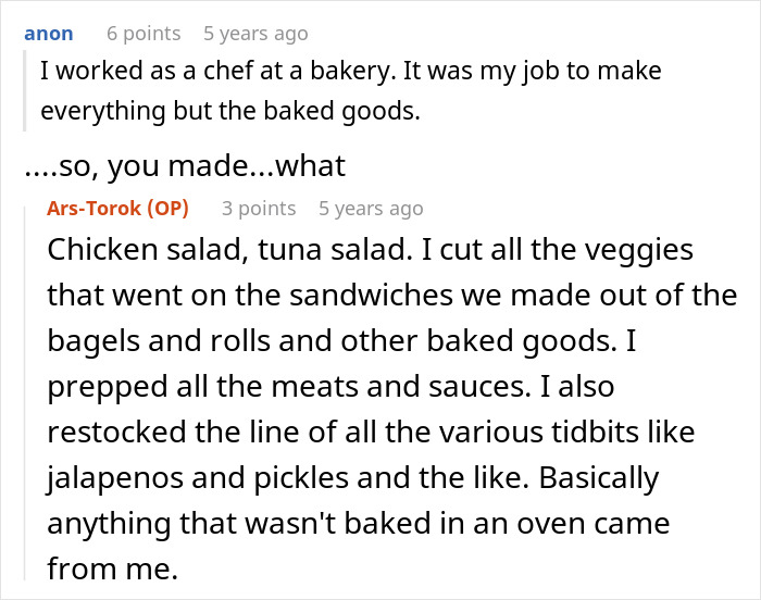 Alt text: Online discussion about a baker&rsquo;s role, highlighting bagels and legal humor in a corporate comedy context.