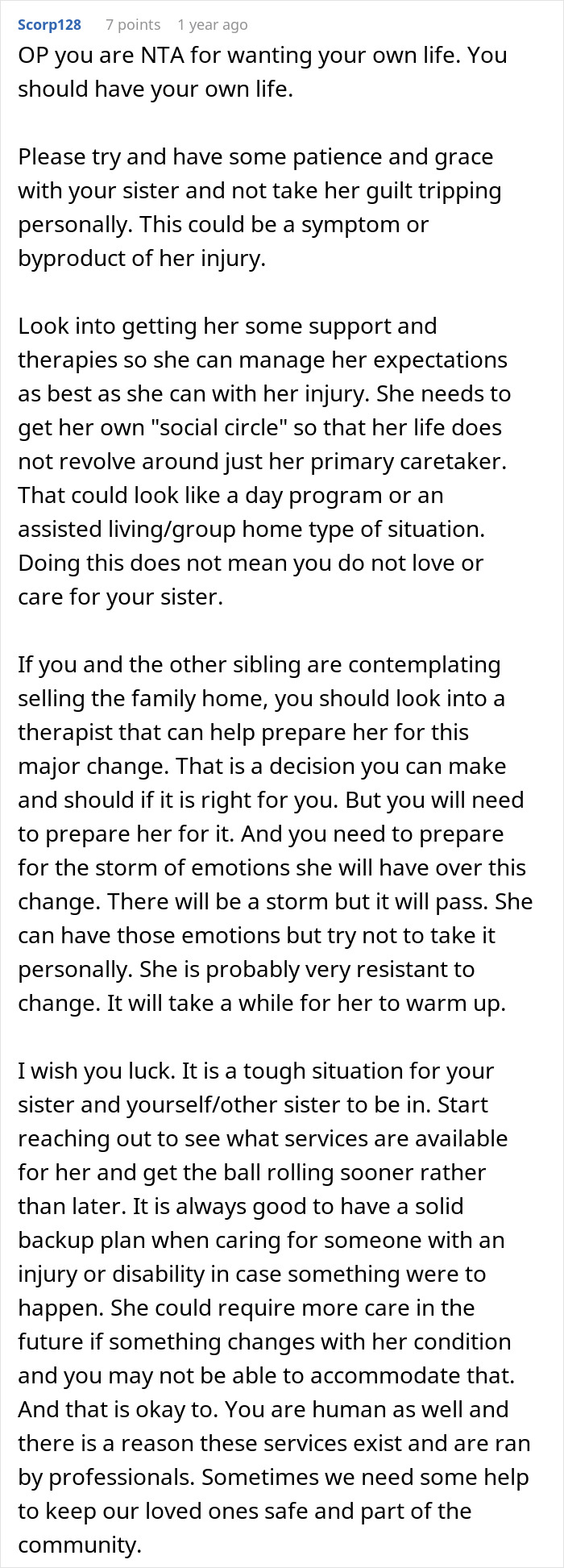 Text comment offering advice to caretaker frustrated by constant guilt trips from sister after sacrificing career.