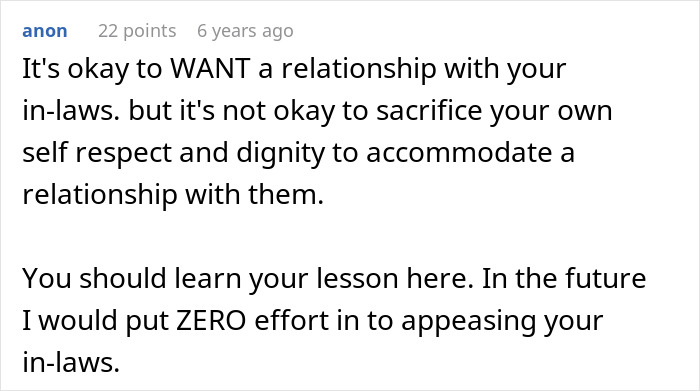 Comment emphasizing self-respect and boundaries when dealing with difficult in-laws during Thanksgiving dinner. Comment emphasizing self-respect and boundaries when dealing with difficult in-laws during Thanksgiving dinner.